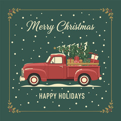 Vintage Red Truck Delivering Christmas Tree and Gifts in Snow