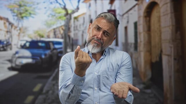 Man holding out open hands in a pleading gesture on a sunlit street with parked cars and stone buildings, looking sorrowful and imploring; desperation need.
