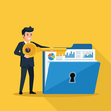 Man holding key to a folder with financial chart