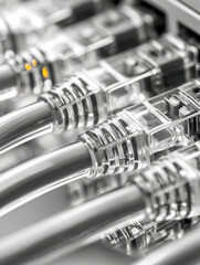 Detailed view of multiple transparent network cables plugged into a data switch showcasing modern connectivity technology and infrastructure design