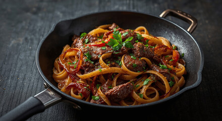 Delicious Beef Tagliatelle Pasta in Rustic Skillet with Fresh Herbs and Peppers on Dark Wooden Table &ndash; Comfort Food, Italian Cuisine, Gourmet Meal, Moody Overhead Photography
