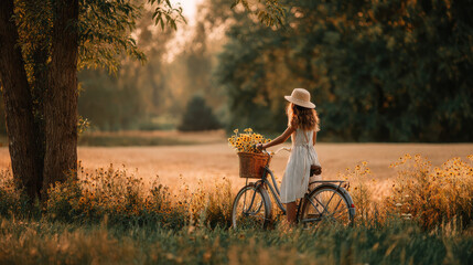 Woman with bicycle and sunflowers enjoying a peaceful moment in nature. A young woman pauses on a vintage bicycle, a basket of sunflowers adding a touch of joy to the tranquil scene