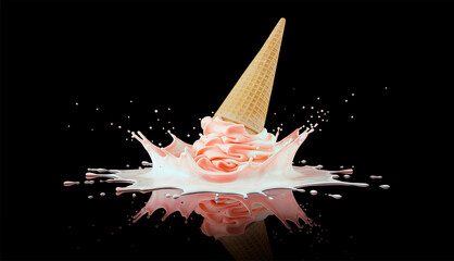 Eiswaffel f&auml;llt zu Boden und das Eis spritzt in alle Richtungen