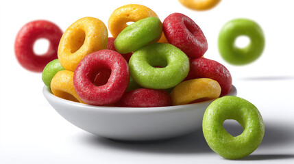 Colorful fruit cereal loops in red, green, and yellow fill white bowl, creating playful and vibrant breakfast scene