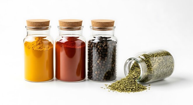 Four glass bottles filled with spices and herbs