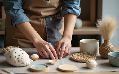 Person arranging handmade products on display table in small shop. High quality