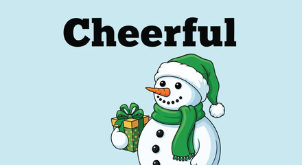 A cheerful snowman holds a gift with a green ribbon.