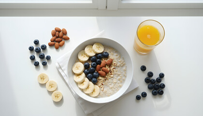 Healthy Breakfast Flat Lay with Oatmeal and Fresh Fruits