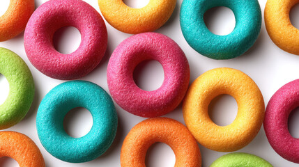 Colorful fruit cereal loops arranged in playful pattern, vibrant round shapes create cheerful breakfast scene