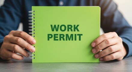 Person holding a green notebook with the words work permit written on the front cover page
