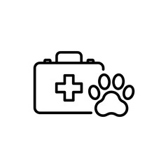 Pet first aid kit and paw print icon for veterinary clinic or animal hospital logo, symbolizing care, health, safety, and professional services