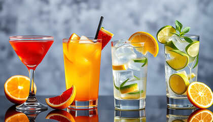 Refreshing cocktails with citrus fruits colorful summer drinks for party served in different glasses on a dark reflective surface