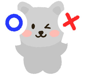 OX quiz illustration of a cute animal cartoon character holding an O and X sign