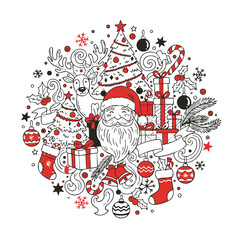 Intricate Christmas doodle illustration featuring Santa Claus, gifts, reindeer, trees, and ornaments in red and black, capturing the joyful energy of the holiday season.