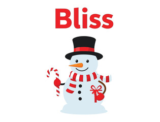 A happy snowman wearing a top hat and scarf holds a candy cane.