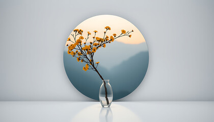 Minimalist floral arrangement with yellow flowers in a glass vase set against a circular backdrop of misty mountains creating a serene and modern aesthetic