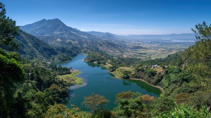 Fototapeta premium Scenic Brava Lake in Huehuetenango, Guatemala: A Majestic Landscape of Water, Mountains, and Sky