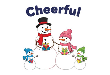 A cheerful family of snowmen stands together holding presents at Christmas.
