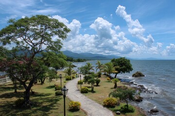 Naklejka premium Scenic Coastal Park View in La Ceiba, Honduras â€“ Embrace Nature and Explore Architectural Beauty