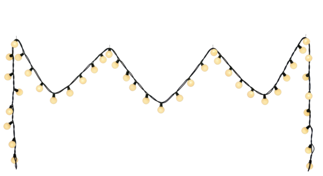 Zigzagging strand of illuminated round globe string lights draped across a frame isolated on a clean transparent background for decoration