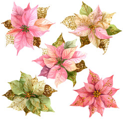 A set of five flowers with gold leaf accents