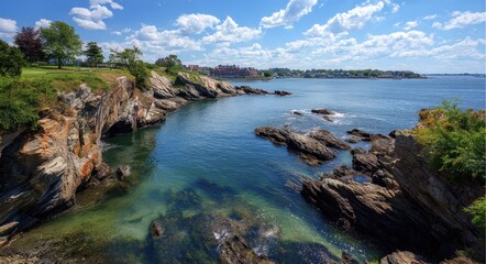 Scenic Panorama of Cliff Walk Newport, RI: A Breathtaking View of Water, Cityscape, and Nature Under a Vast Sky