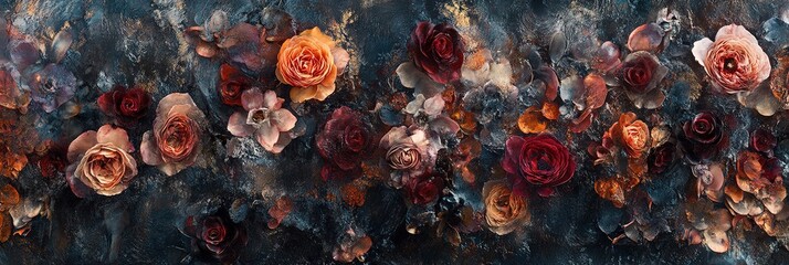 stunning arrangement of roses in shades of red, pink oil acrylic painting, blending seamlessly with dark, textured backdrop that enhances vibrant colors and intricate details