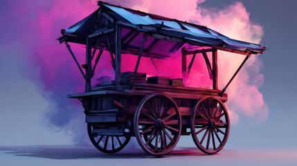 Vibrant street vendor cart stands out against backdrop of colorful smog, showcasing unique blend of creativity and urban life
