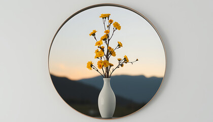 Yellow flowers in a white vase reflected in a round mirror showing a mountain landscape at sunset creating a peaceful and artistic composition