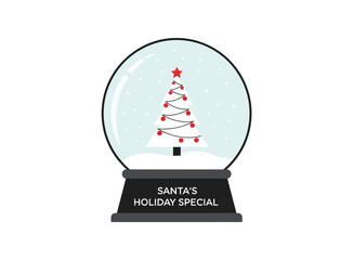 A snow globe with a festive Christmas tree inside rests on a black base.