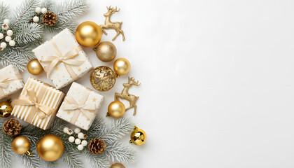 Minimal Christmas Flat Lay with Gifts and Golden Decorations