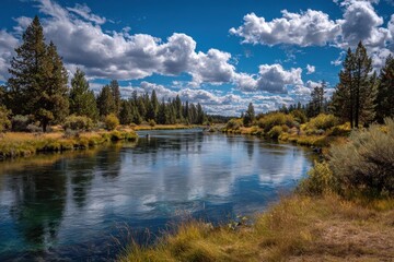 Scenic View of Deschutes River in Sunriver, Oregon: Adventure Awaits under Blue Skies with Evergreen Bushes and Cloudy Reflections