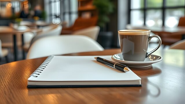 A cup of coffee with a blank notebook and pen on a wooden table in a cafe.
