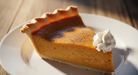 A delectable slice of pumpkin pie with whipped cream on a rustic wooden table ready to enjoy