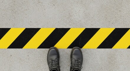 A pair of black work boots standing on a concrete floor near a yellow and black safety line