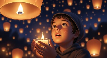 A Boy's Wish Gazing at Lanterns Under a Starry Sky Filled with Hope and Wonder