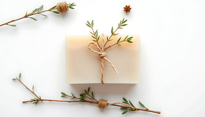 Handmade soap bar with natural twine and botanical accents minimalist spa product isolated on white background