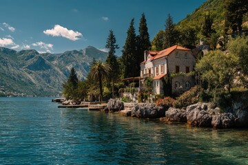 Fototapeta premium Serene Lakefront Haven: A Picturesque House Overlooking Montenegro's Tranquil Waters