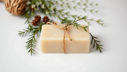 Handmade soap bar with natural twine and evergreen sprigs a rustic and eco-friendly spa concept isolated on white