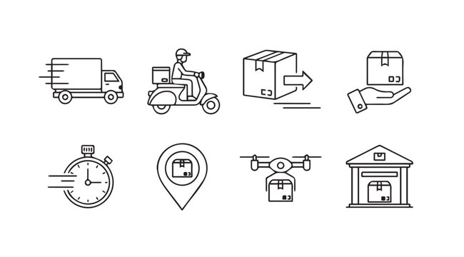 Set of hand drawn logistics and delivery service icons featuring trucks scooters drones boxes and warehouses vector