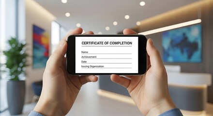 A person's hands holding a smartphone displaying a digital certificate of completion in a modern office lobby.