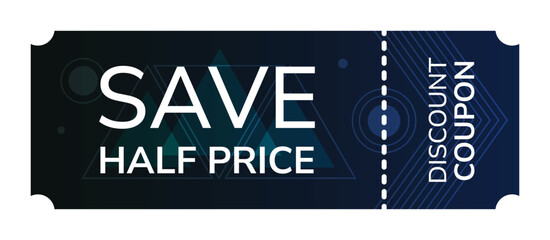 Half-price discount coupon template with a geometric design. Modern gradient vector illustration for promoting sales, promotions, and campaigns