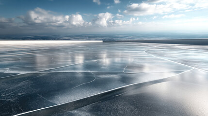 Thick transparent ice surface with visible cracks under bright sky, reflecting clouds and creating serene winter landscape