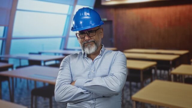 Man architect wearing blue hardhat with arms crossed in a building classroom; experience authority confidence.