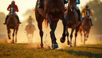 Racehorses and jockeys gallop toward finish line on sunny day. Speeding animals kick up dirt on green turf course. Equestrian competition shows purebred animal power and rider skill.