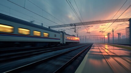 Obraz premium Dynamic Train in Motion at Sunset with Dramatic Sky and Reflections on Wet Tracks