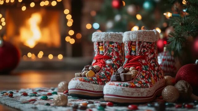 Red children boots filled with small gifts, chocolates, and nuts for St Nicholas Day, with festive decorations, fireplace, and Christmas lights in the background