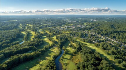 Fototapeta premium Stunning Aerial View of Golf Course in Monroe, New Jersey Showcasing Lush Greens Under Clear Sky
