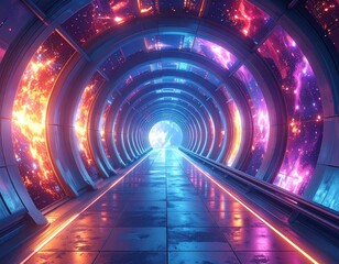 Futuristic tunnel into cosmic vista, glowing lights and vibrant nebulae
