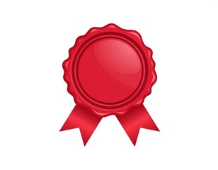 Glossy red circular emblem with a ribbon against a white background
